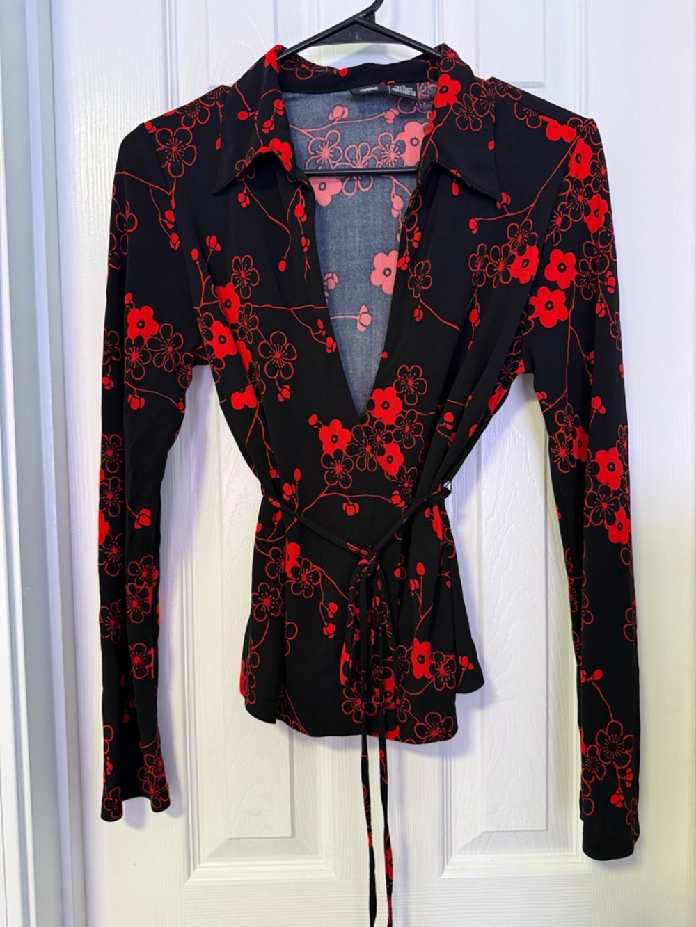 Black Wrap Blouse with Red Floral Print